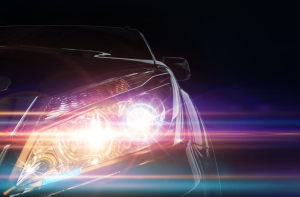 A car's headlights pointing directly at the camera near Beloit, Wisconsin.